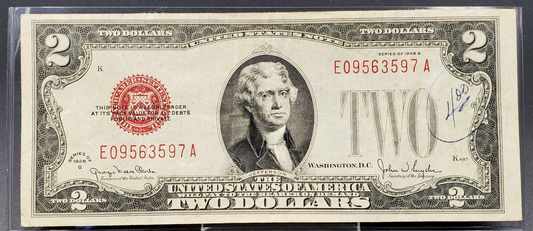 1928 $2 G Legal Tender Note Bill Red Seal Currency Mule Note VF Detail