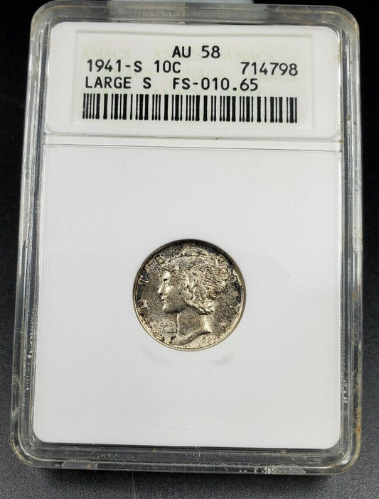 1941 S Mercury Silver Dime Coin ANACS AU58 FS-010.65 FS-511 Large S Variety Mint