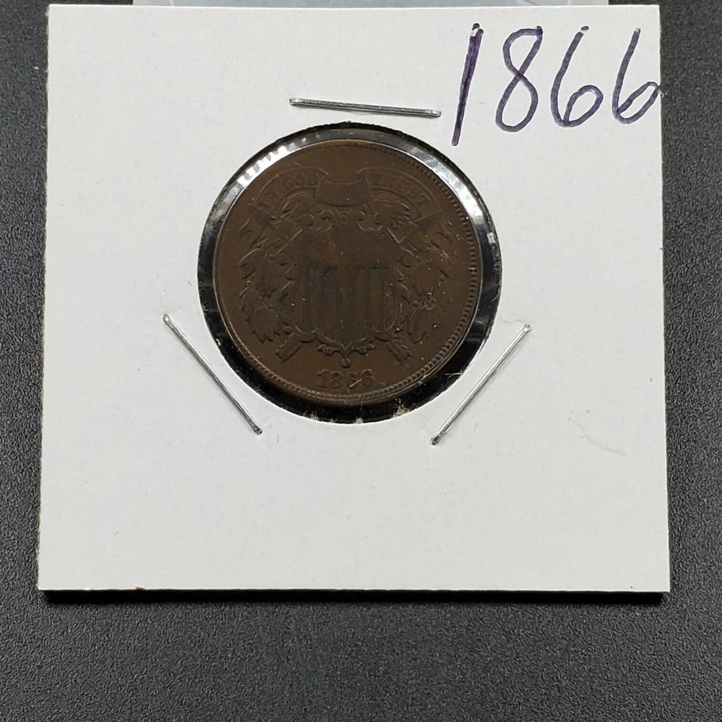 1866 2C Two Cent Copper Coin Piece Circulated Condition Slight Die Misaligned