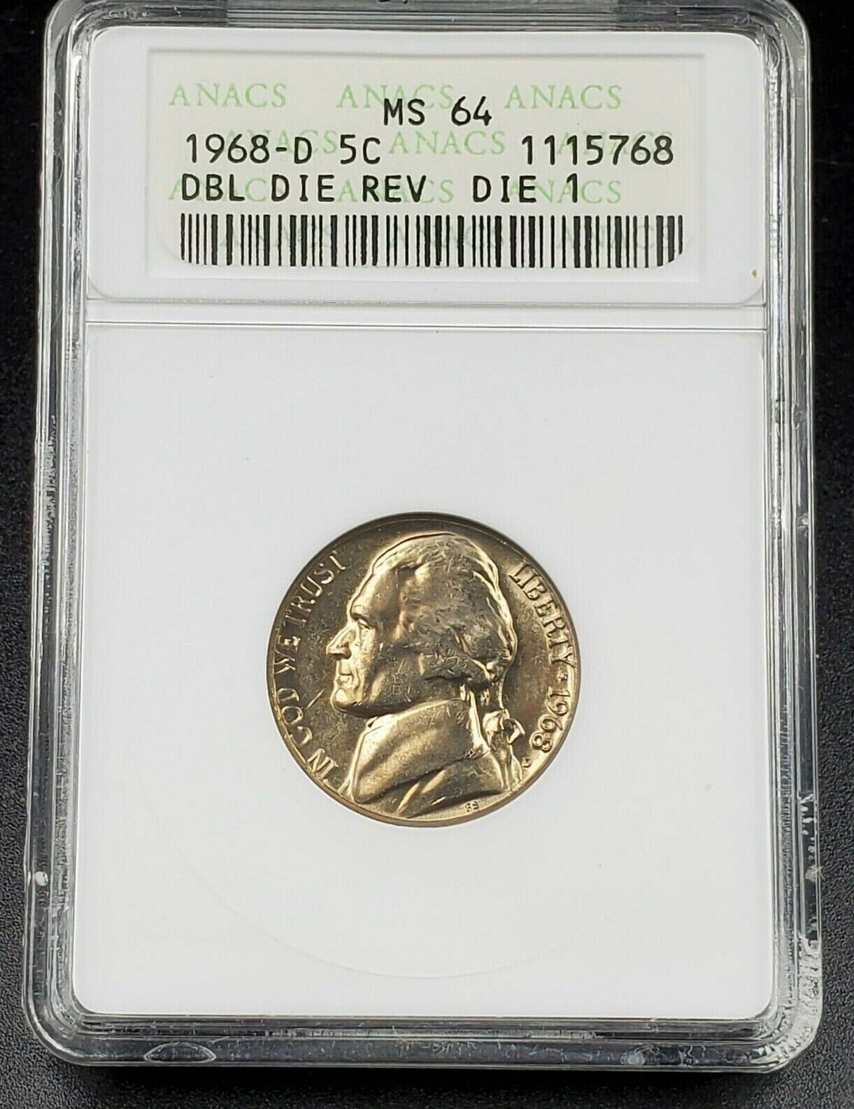 1968 D 5c Jefferson Nickel Variety ANACS MS64 DDR 001 Double Die Reverse DMR-008
