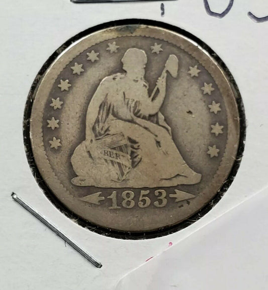 1853 P Seated Liberty Silver ARROWS Quarter Coin Circ CHOICE Good / VG Very Good