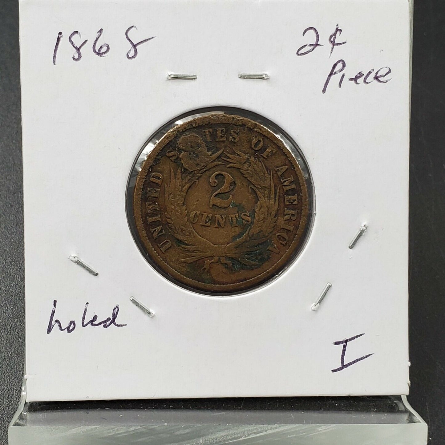 1868 2C Two Cent Copper Coin Piece Circulated Plugged