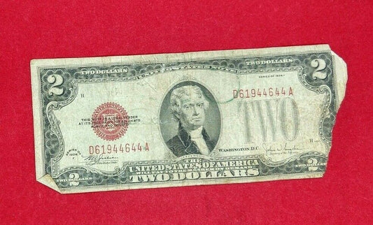 1928 $2 F Legal Tender Note Bill Red Seal 44 44 DOUBLE REPEAT SERIAL NUMBER CIRC