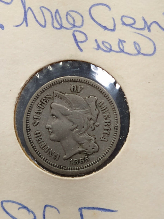 1865 P 3c Liberty Three Cent Nickel Coin Choice Fine / VF