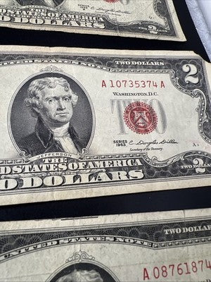 Lot of 10 1953 1963 $2 USN Red Seal Legal Tender Bills Very Circulated #353