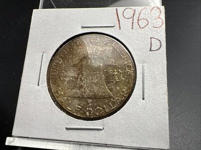1963 D Franklin Half Dollar Silver Coin Choice BU UNC Neat Toning Reverse #B