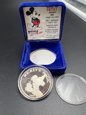 Mickey's Magic 1987 Disney Good Luck 1 Oz Silver Coin in Box