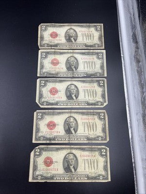 Lot of 5 1928 $2 Two Dollar USN United States Notes Red Seal Very Circulated #25