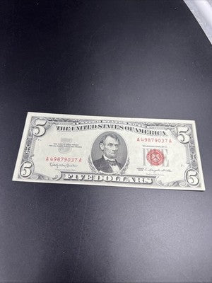 1963 $5 USN United States Five Dollar Note Red Seal CH VF Very Fine Circ #37