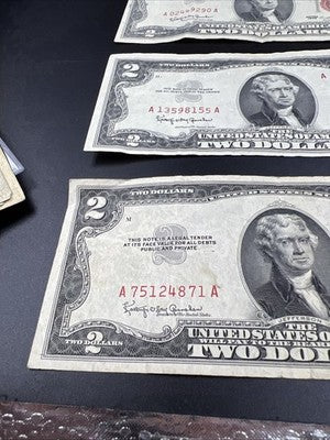 Lot of 10 1953 1963 $2 USN Red Seal Legal Tender Bills VG Very Good Circ #871