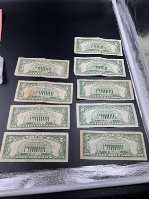 Lot of 9 1963 1953 $5 Five Dollar USN United States Notes Well Circulated #79