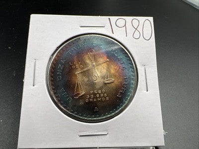 1980 Mexico Onza 1 Oz Silver Coin Monster Toning Toner PQ Blue Gem BU