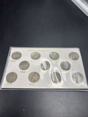1942 1943 1944 1945 Complete 11 Coin US 35% Silver War Nickel Coin Set in Card J