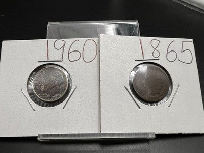 95 Years of US Coins Set 1960 10c VF / XF Silver Dime & 1865 Indian Cent Coin AG
