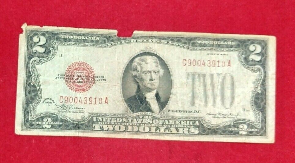 1928 D $2 F Legal Tender Note Bill Red Seal CIRCULATED BLOTCHY Serial Number