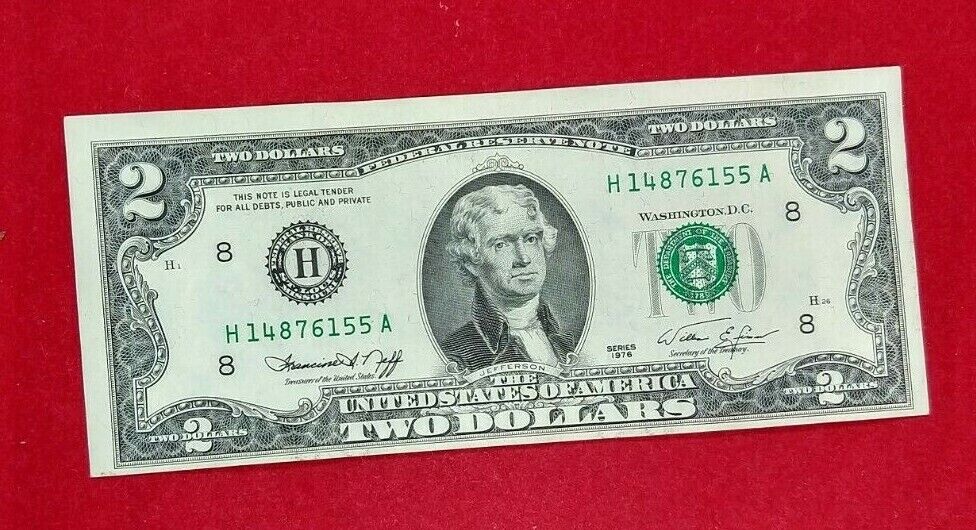 1976 $2 FRN Federal Reserve NOTE Green Seal CHOICE UNC H BLOCK BICENTENNIAL