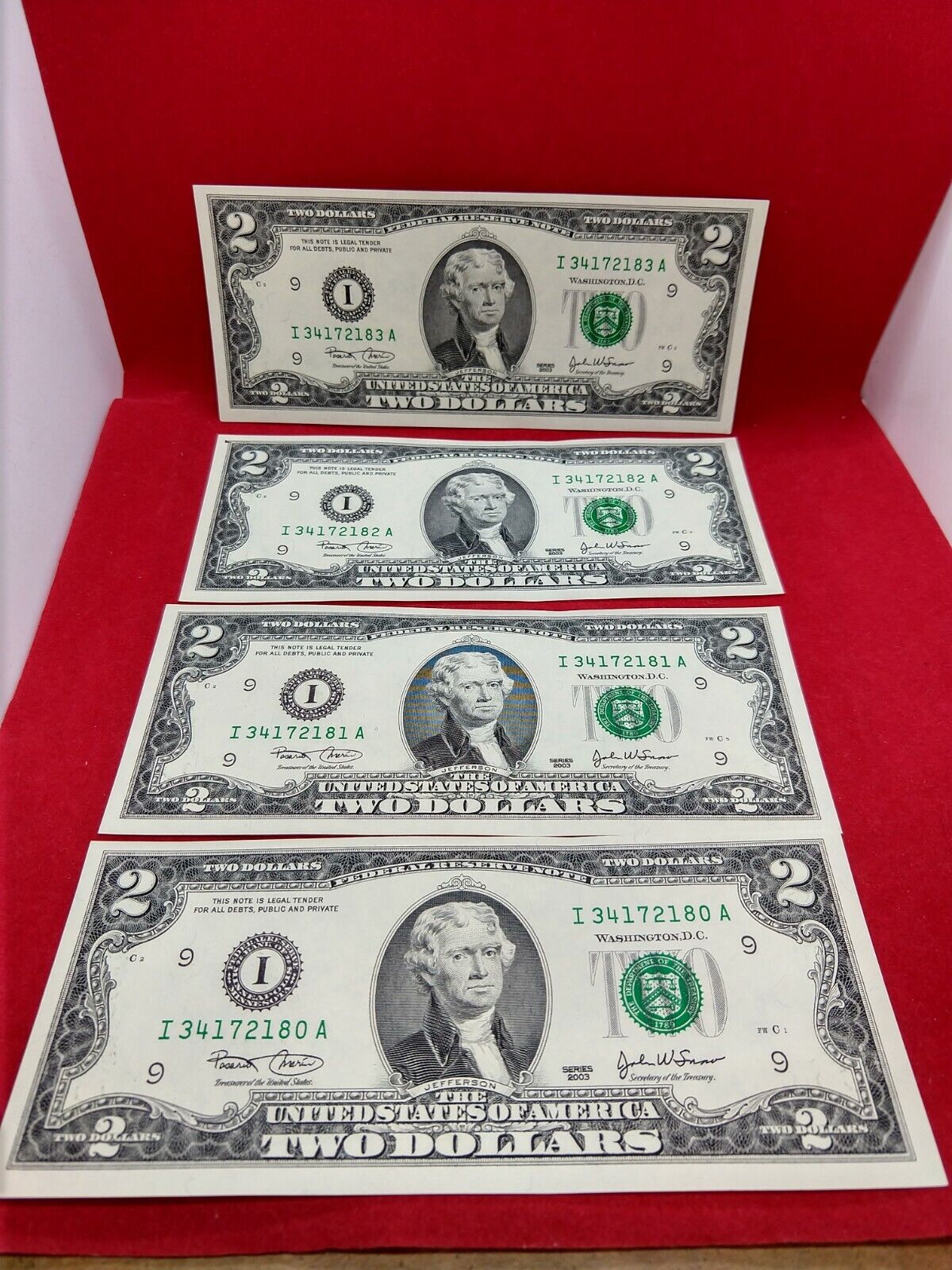 LOT OF 4 CONSECUTIVE 2003 $2 FRN FEDERAL RESERVE NOTE GREEN SEAL CH UNC