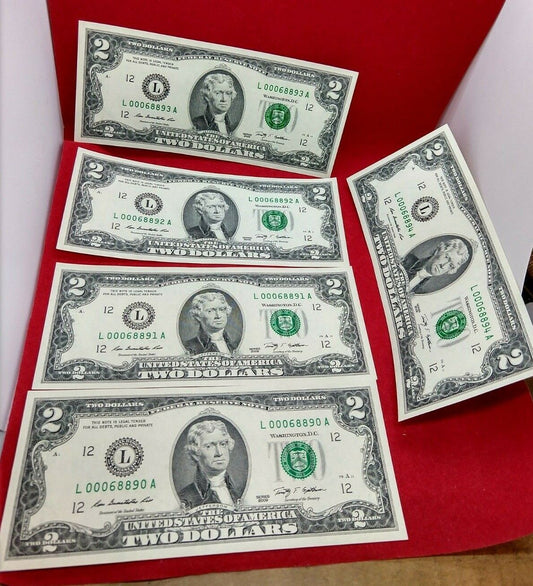 5 CONSECUTIVE 2009 $2 FRN FEDERAL RESERVE NOTE CH UNC DOUBLE REPEAT SERIAL #S 2