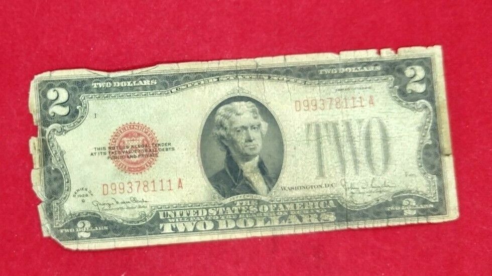 1928 G $2 Legal Tender Note Bill Red Seal US LEGAL TENDER DOUBLE REPEAT SERIAL #