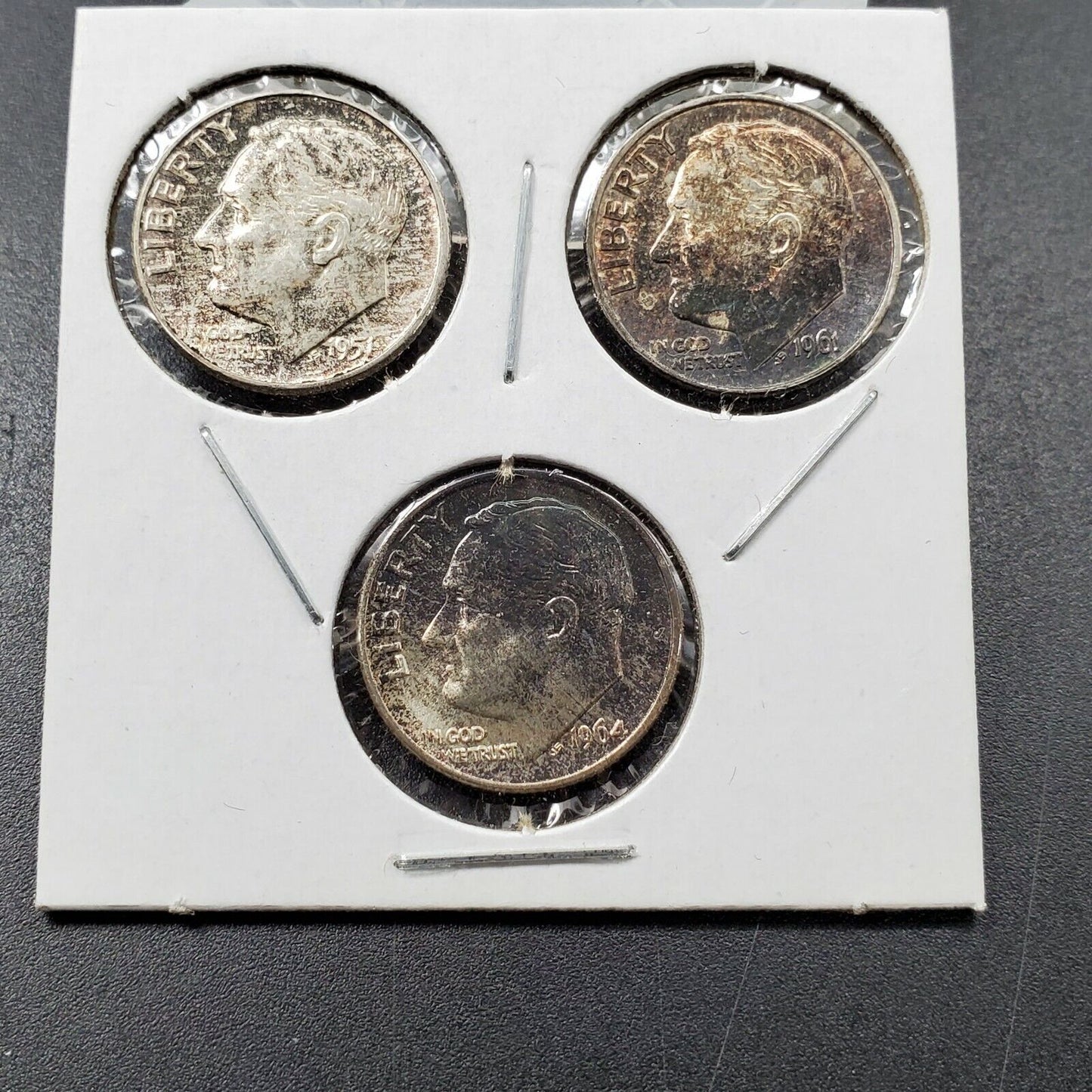LOT OF 3 NEAT TONER SILVER US 90% ROOSEVELT DIME COINS ESTATE MONEY LOT 🌟⭐✨