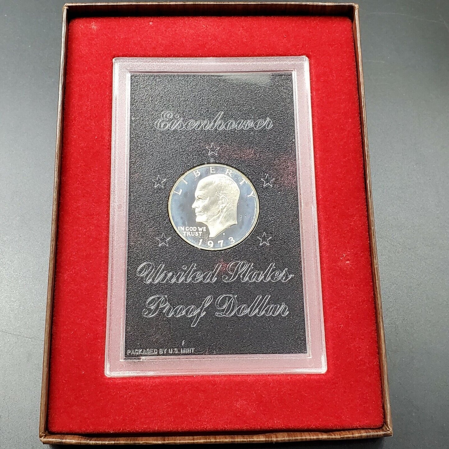 1973 S $1 Eisenhower Brown Ike 40% Proof Silver Dollar OGP DCAM BLUE TONED