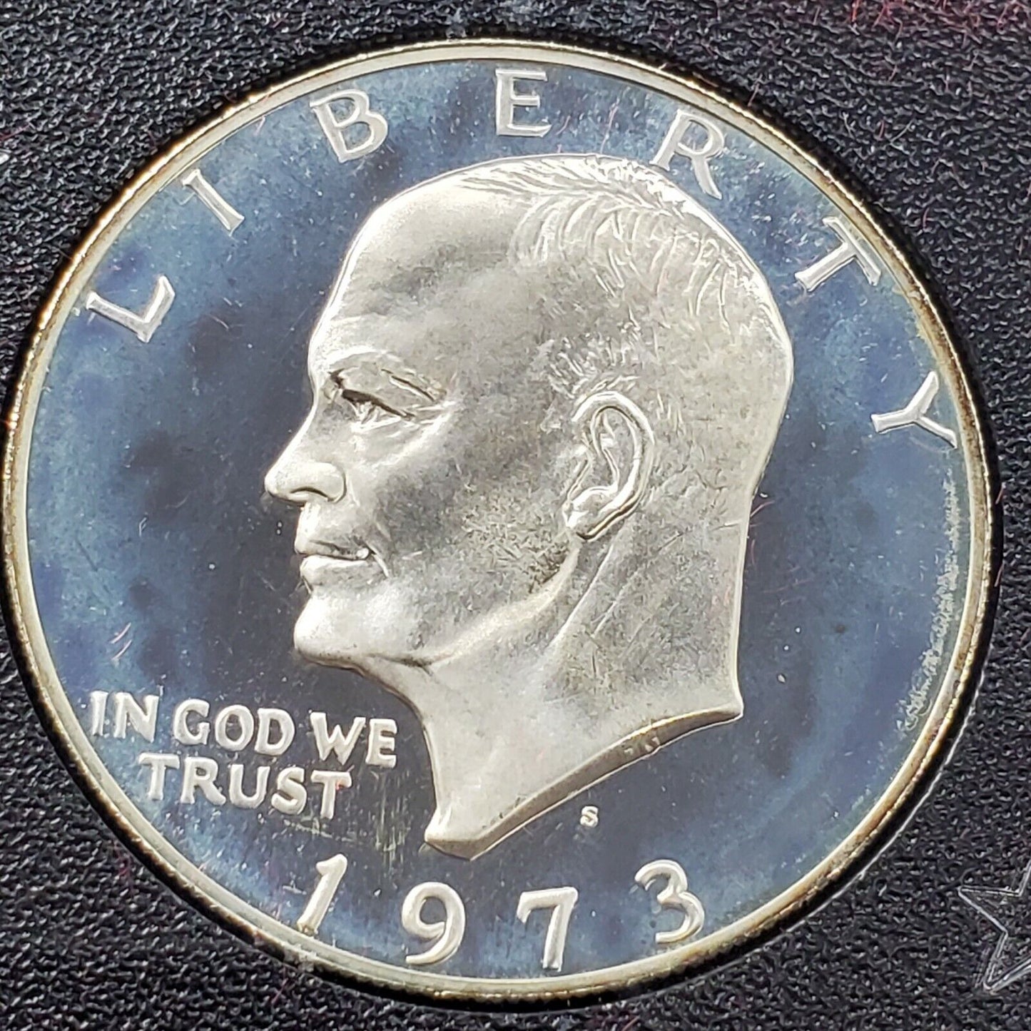 1973 S $1 Eisenhower Brown Ike 40% Proof Silver Dollar OGP DCAM BLUE TONED