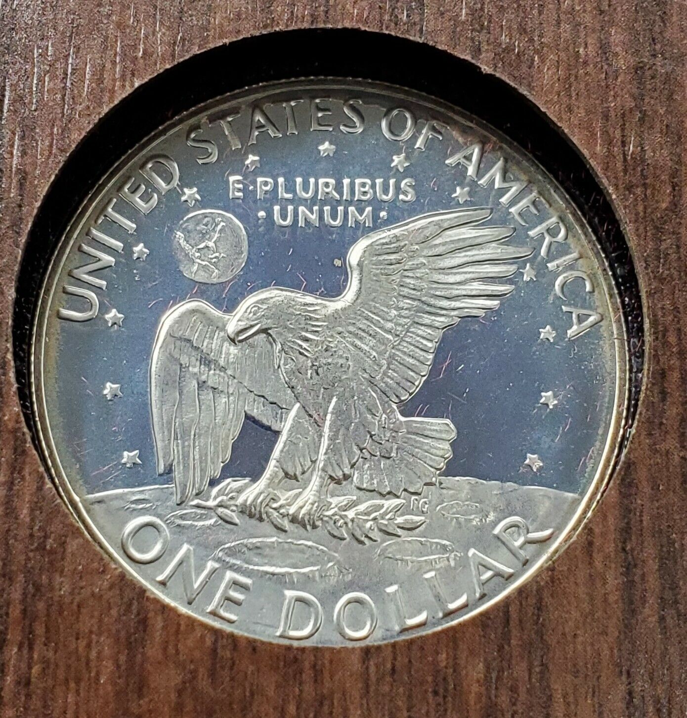 1973 S $1 Eisenhower Brown Ike 40% Proof Silver Dollar OGP DCAM BLUE TONED
