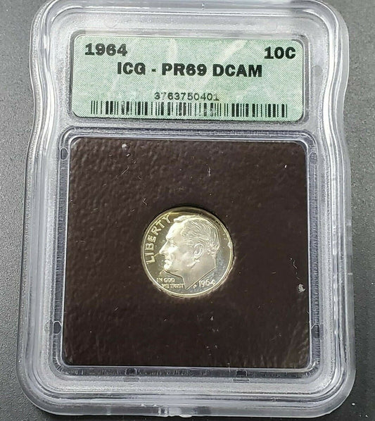 1964 P Roosevelt Silver Dime Coin PR69 DCam Deep Cameo RETRO ICG Gem Proof