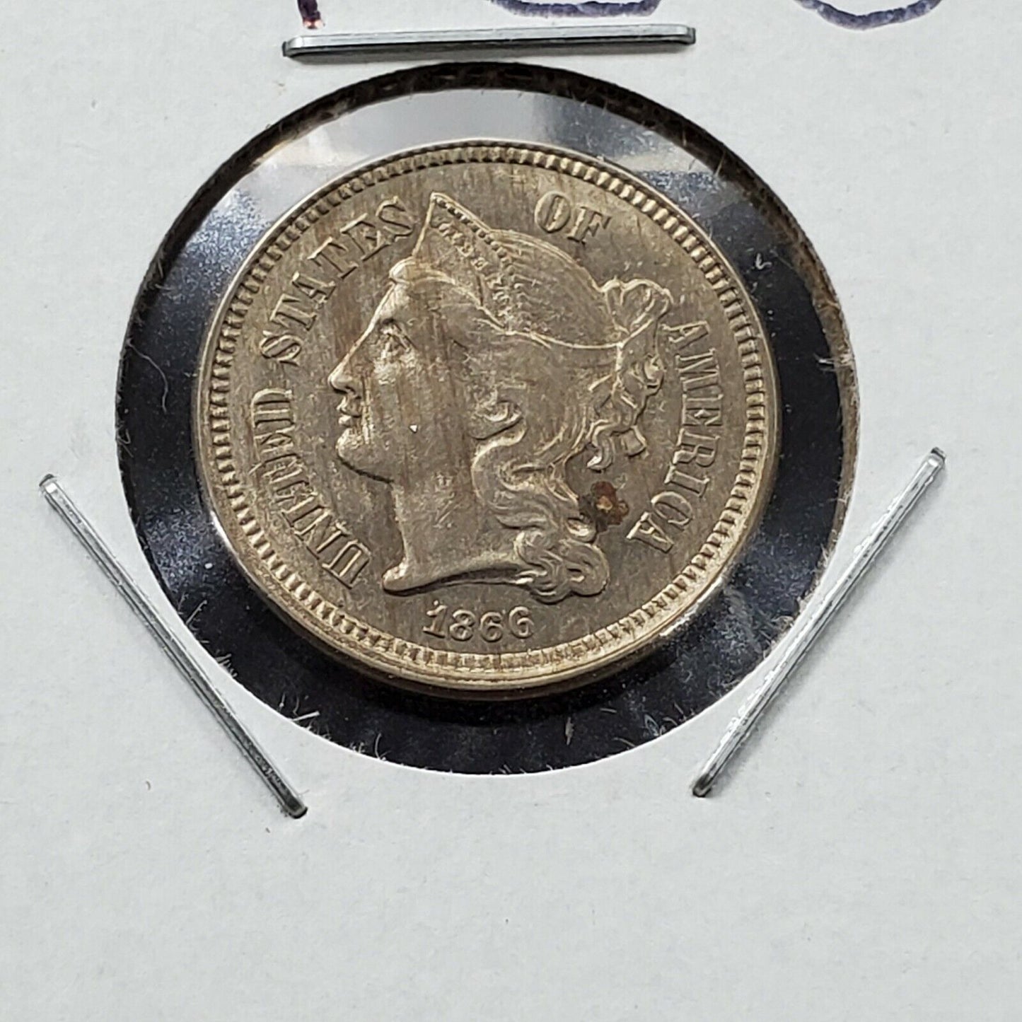 1866 3c Liberty Three Cent Nickel Coin AVG UNC Planchet Lamination Error Reverse
