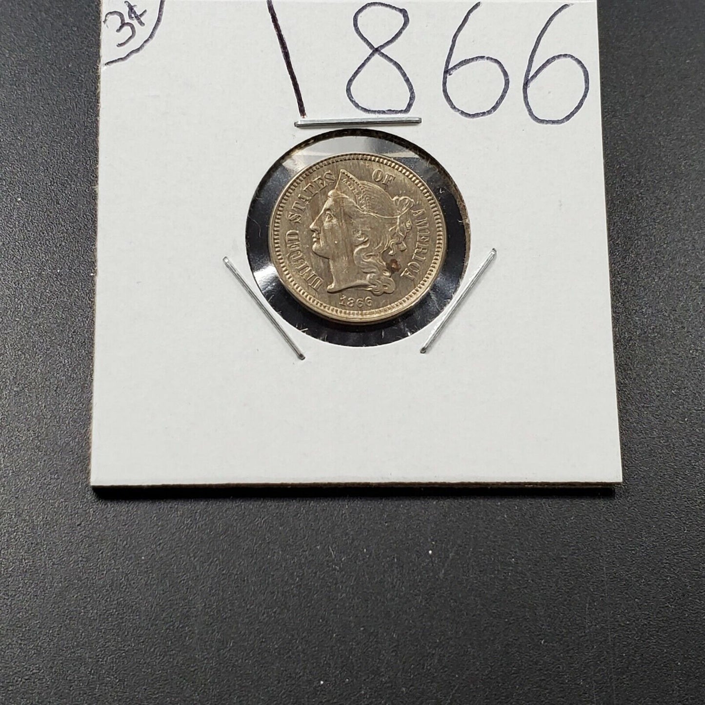 1866 3c Liberty Three Cent Nickel Coin AVG UNC Planchet Lamination Error Reverse