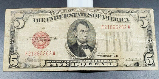 1928 C $5 Five Dollar United States Red Seal Note Misaligned A Letter Error VG