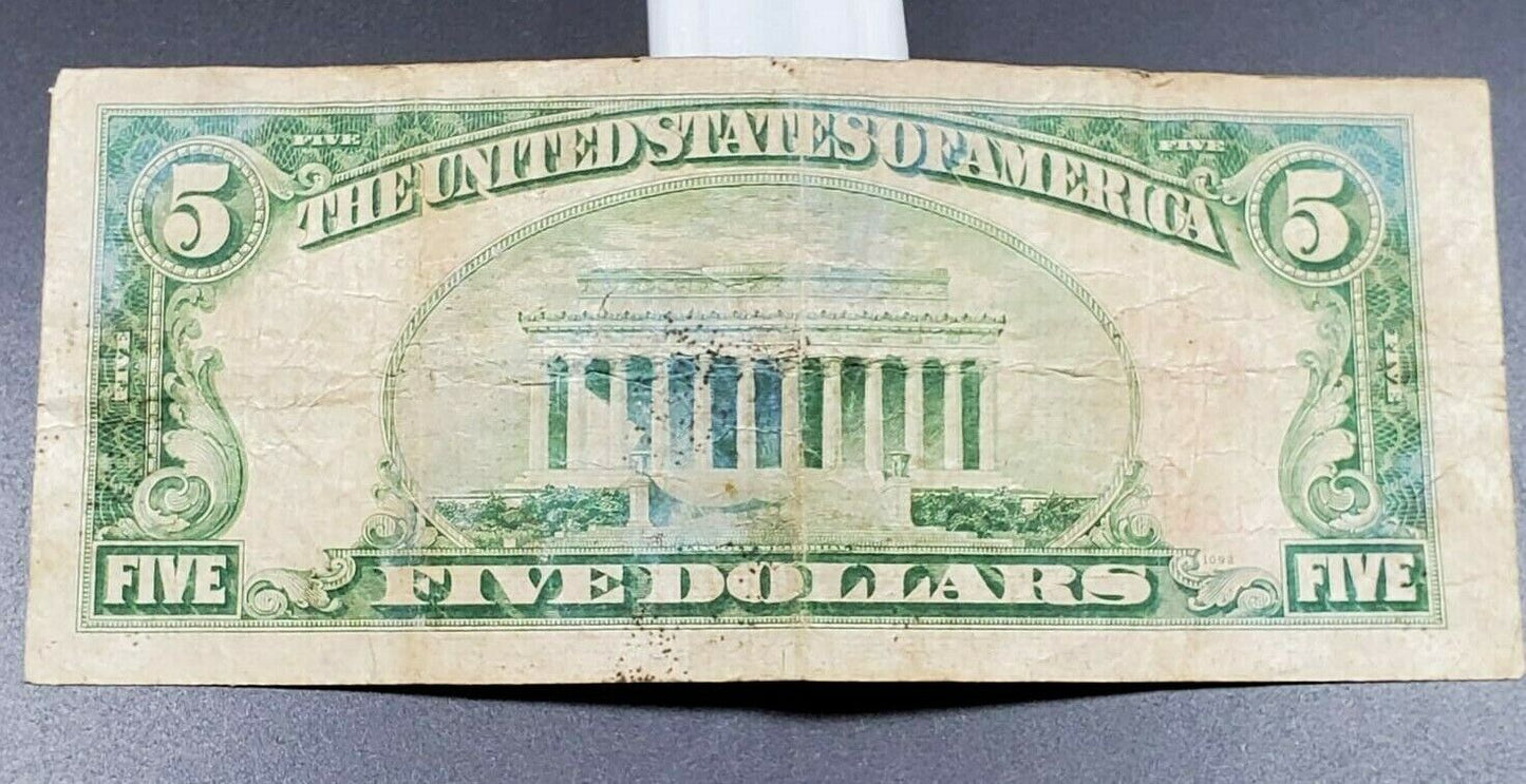 1928 C $5 Five Dollar United States Red Seal Note Misaligned A Letter Error VG