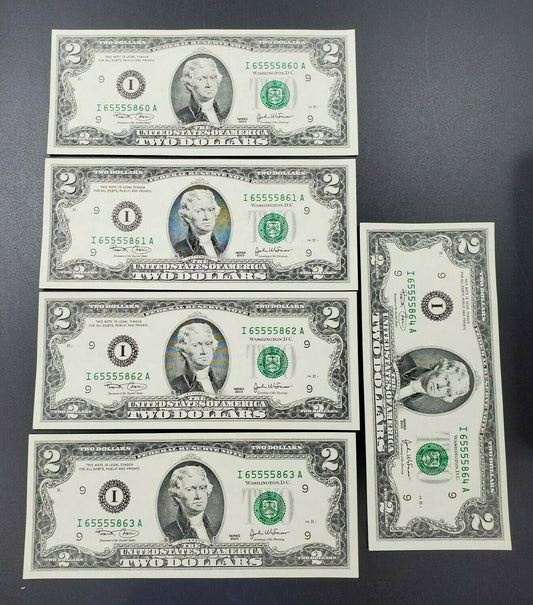 5 CONSECUTIVE 2003 $2 FRN FEDERAL RESERVE NOTE CH UNC DOUBLE REPEAT 5555 SERIAL