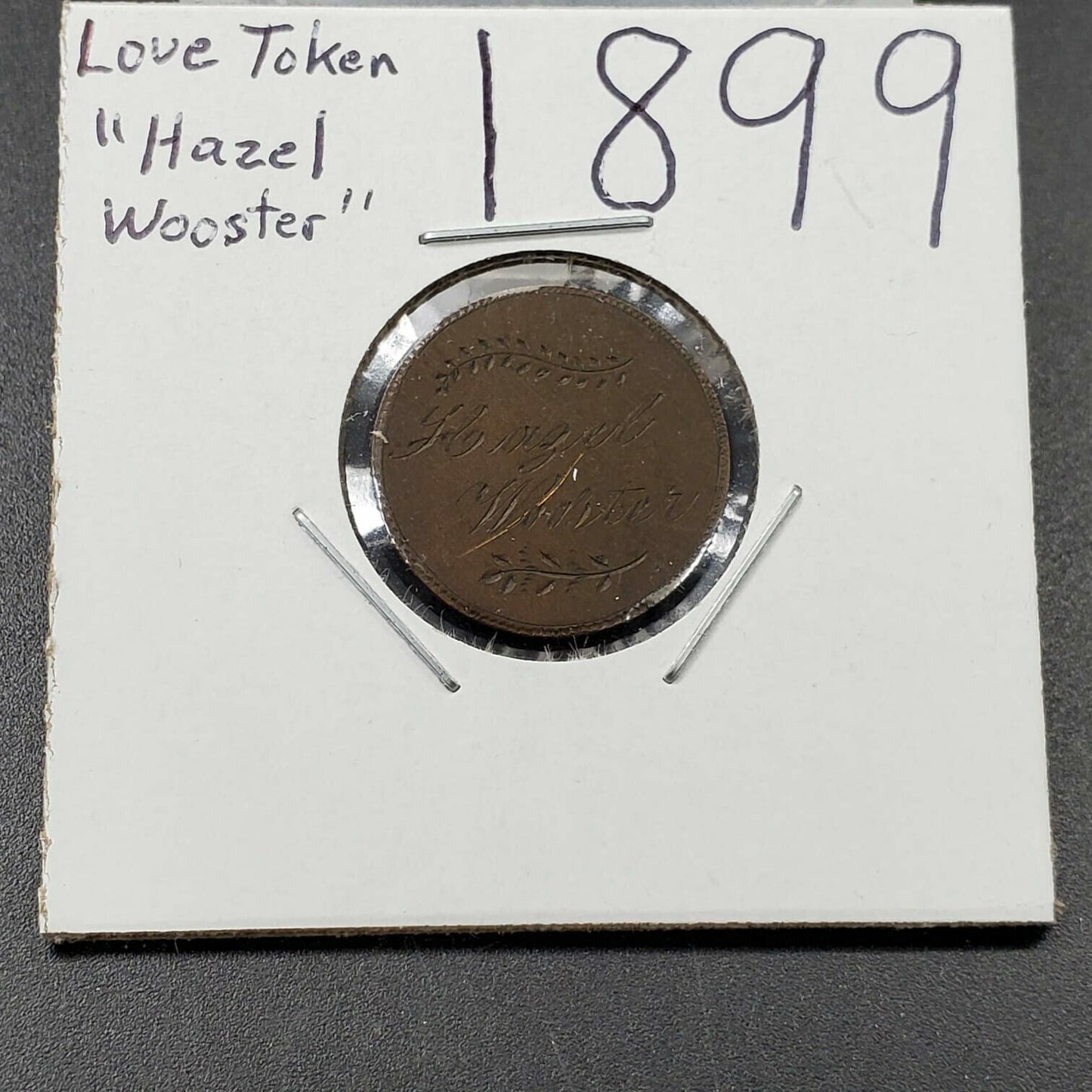 1899 INDIAN HEAD CENT PENNY ENGRAVED LOVE TOKEN REV HAZEL WOOSTER XF DETAIL OBV