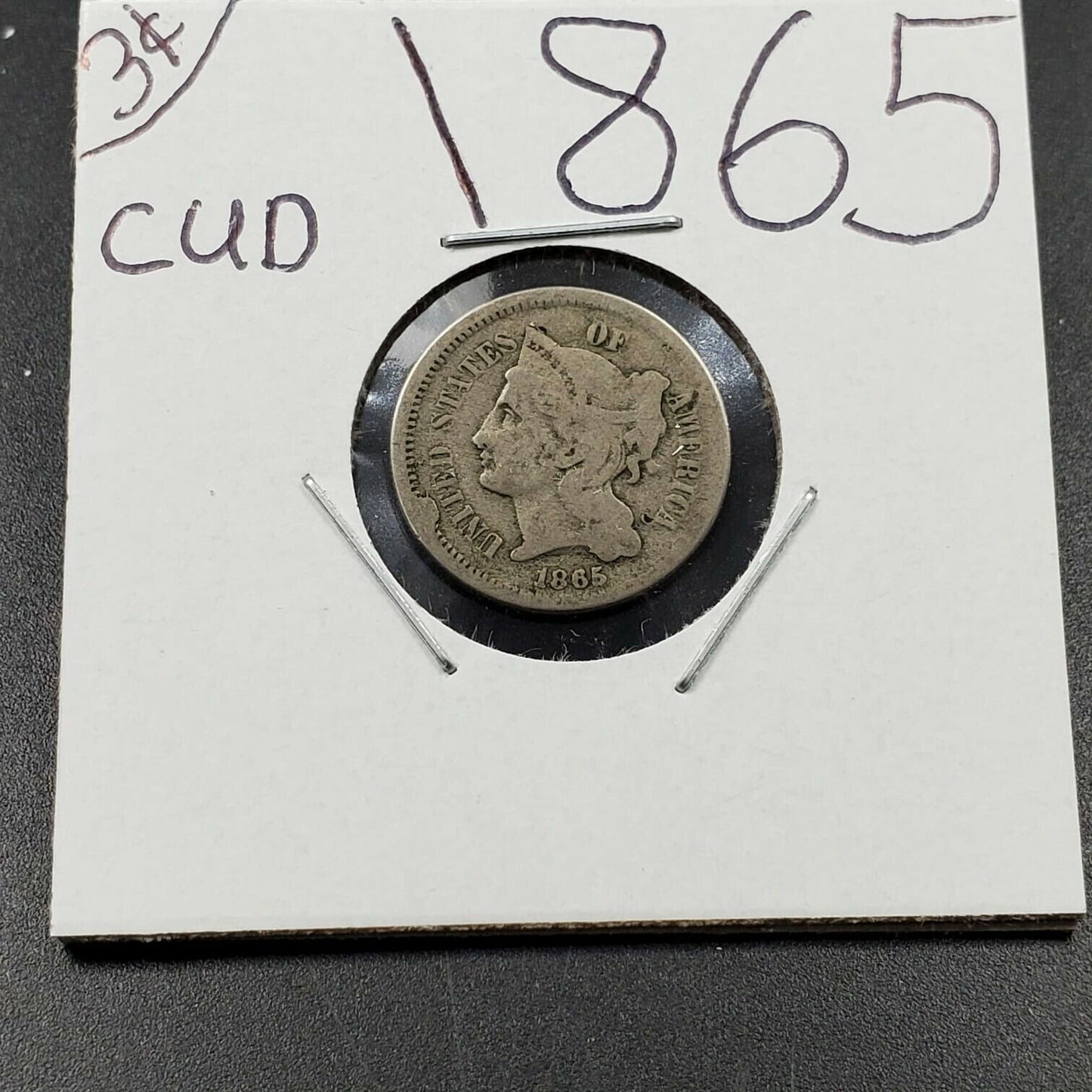 1865 P 3c Liberty Three Cent Nickel Coin AVG Circulated Die CUDD Error Coin