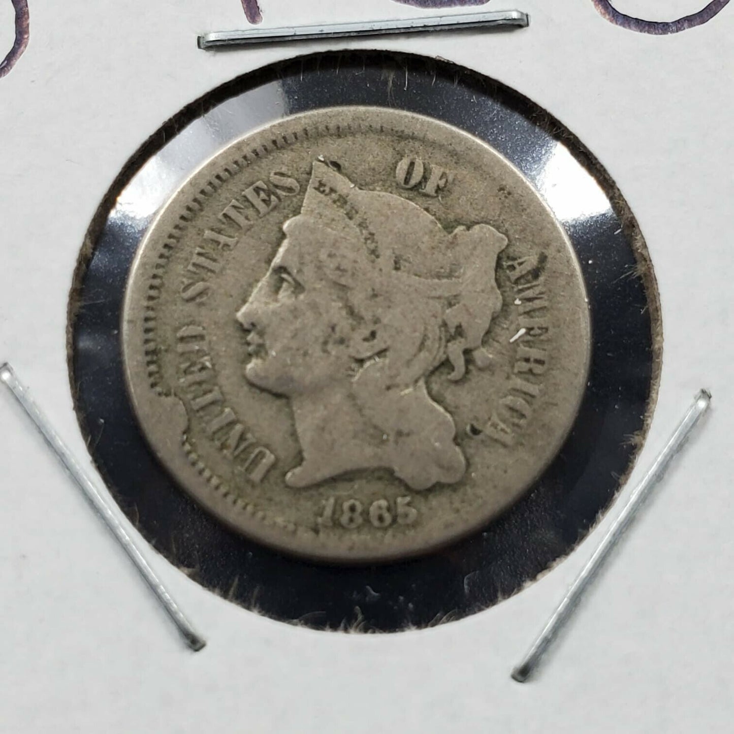 1865 P 3c Liberty Three Cent Nickel Coin AVG Circulated Die CUDD Error Coin