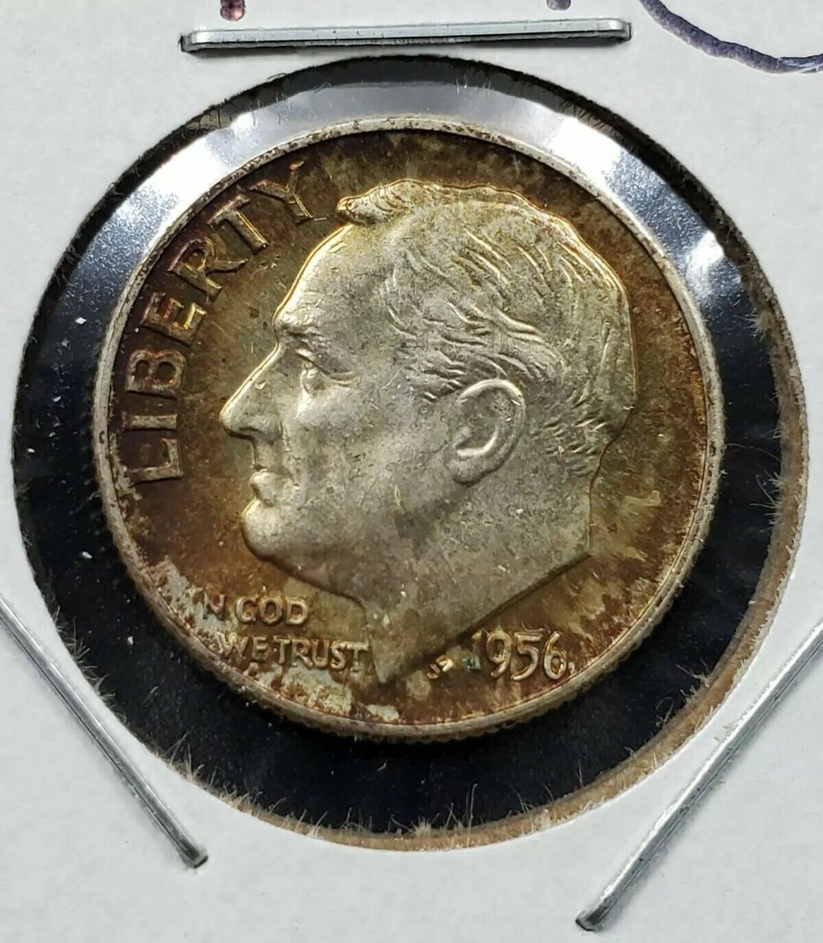1956 D Roosevelt Silver Dime Coin Average UNC Neat Amber Toner Toning Denver