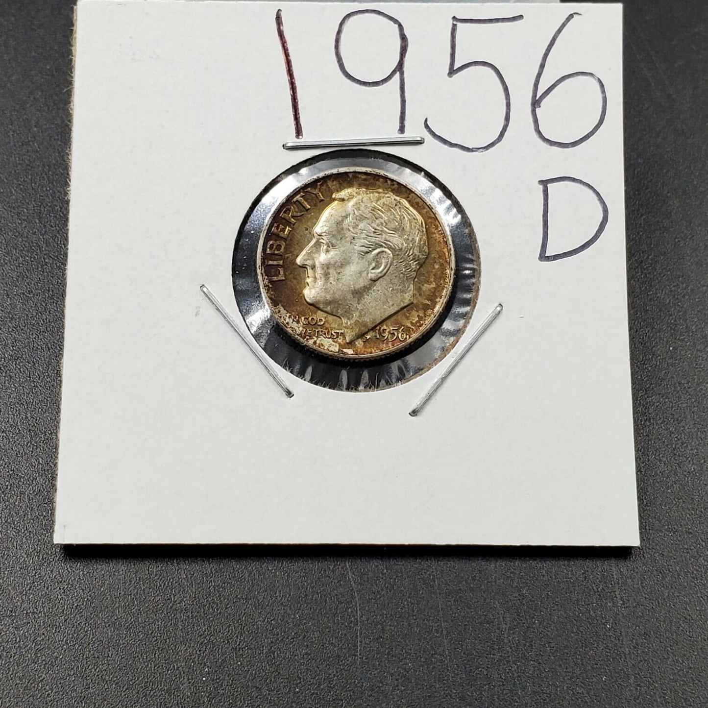 1956 D Roosevelt Silver Dime Coin Average UNC Neat Amber Toner Toning Denver