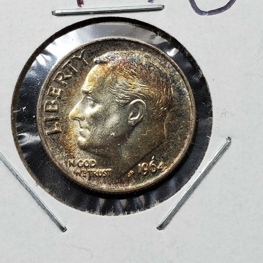 1964 P Roosevelt Silver Dime Coin PQ * Rainbow Toning Toner GEM BU