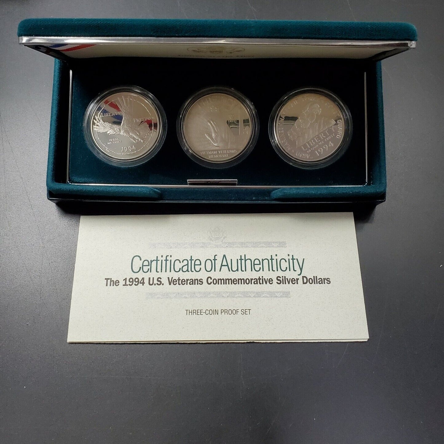 1994 US Veterans 3 Coin Silver Dollar Proof Commemorative Set OGP BOX COA