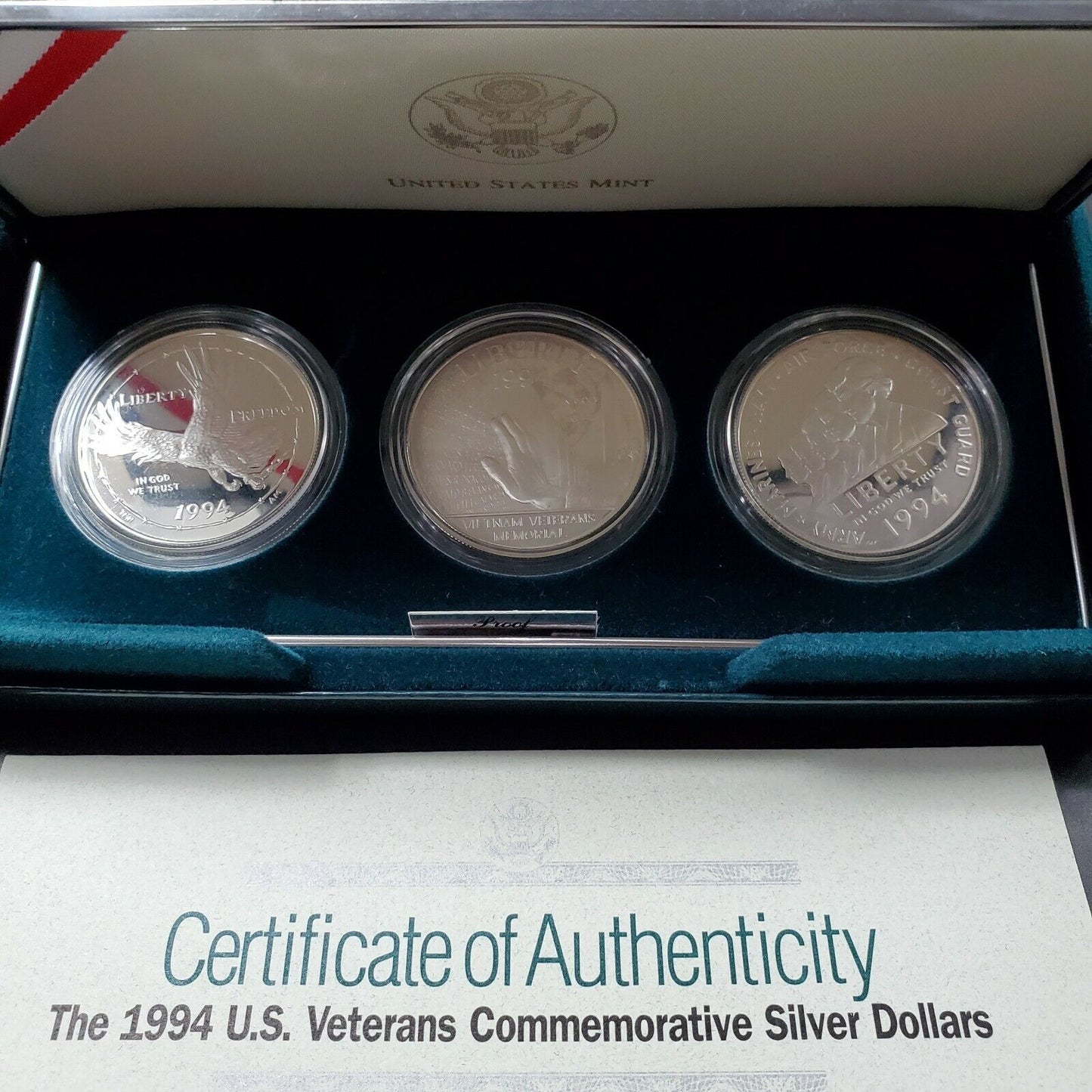 1994 US Veterans 3 Coin Silver Dollar Proof Commemorative Set OGP BOX COA