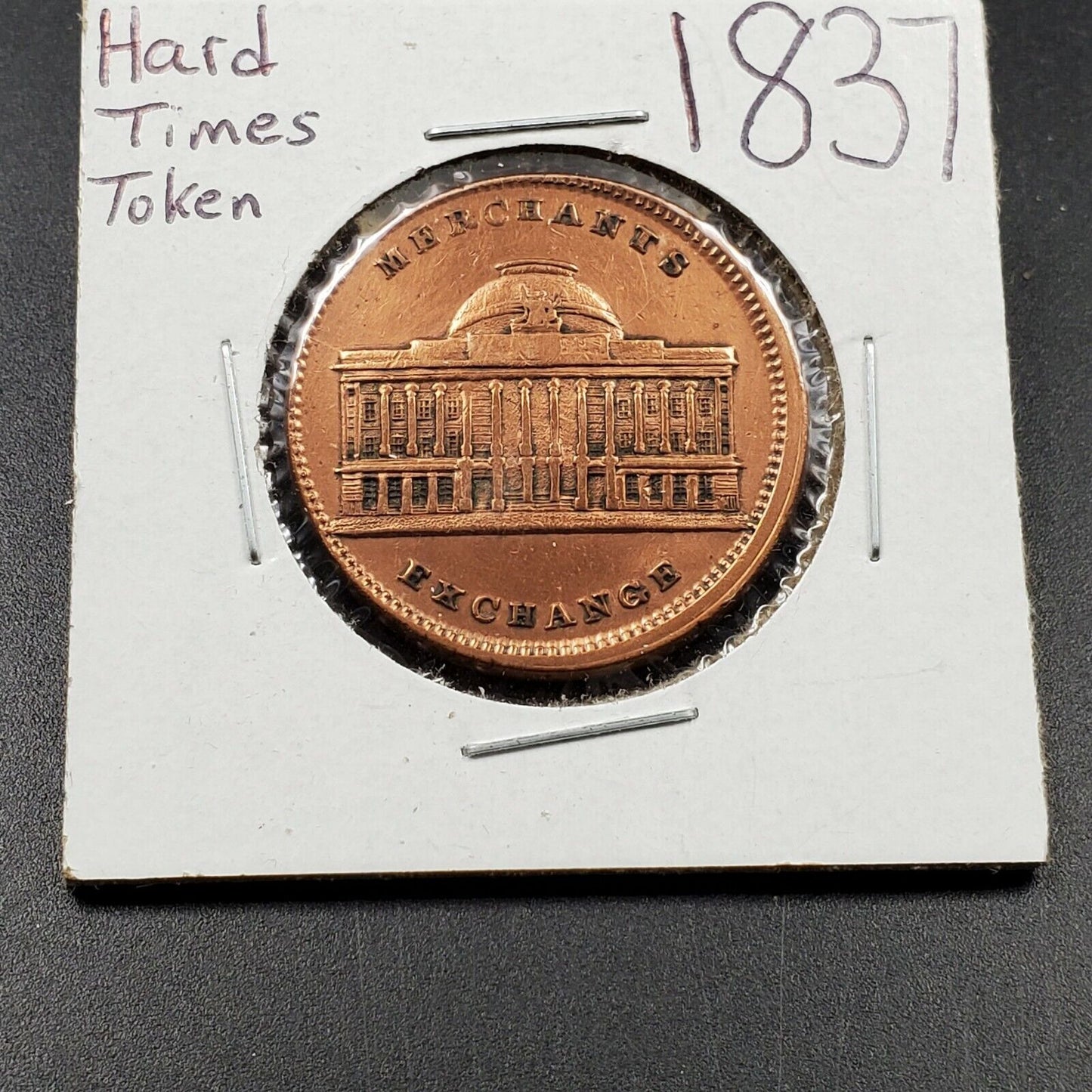 MISALIGNED 1837 Merchants Exchange Wall Street Copper Hard Times Token XF Detail