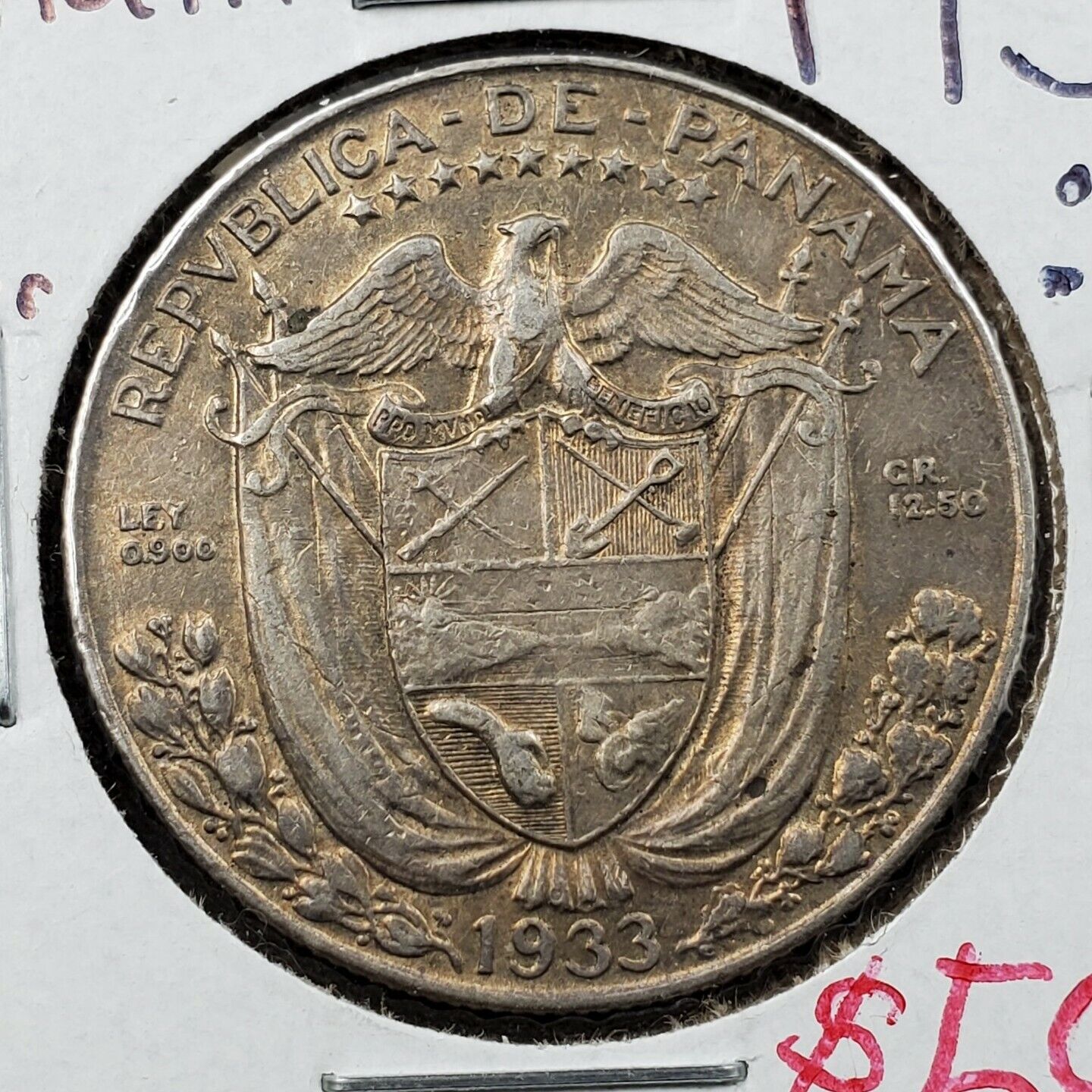 1933 Panama Silver UN MEDIO DE Quarter Balboa Coin AU Circulated Some Toning