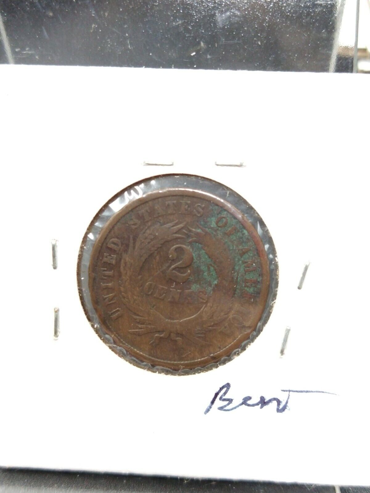 1864 LM 2C Two Cent Copper Coin Piece Fine Details Bend + Reverse ED