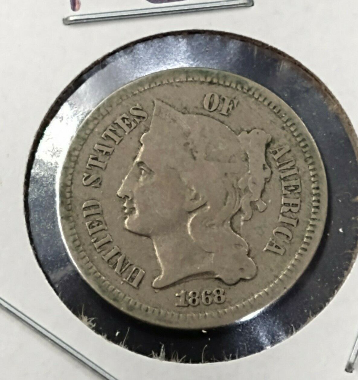 1868 P 3c Liberty Three Cent Nickel Coin VG / Fine Piece with Clashed Dies