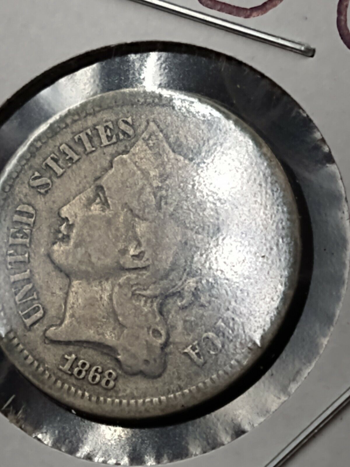 1868 P 3c Liberty Three Cent Nickel Coin VG / Fine Piece with Clashed Dies