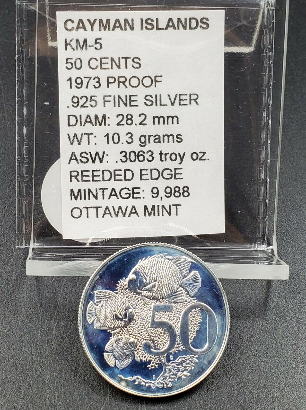1973 Cayman Islands 50 Cents Gem Proof Silver Coin Reef Fish 9.988k mintage TONE