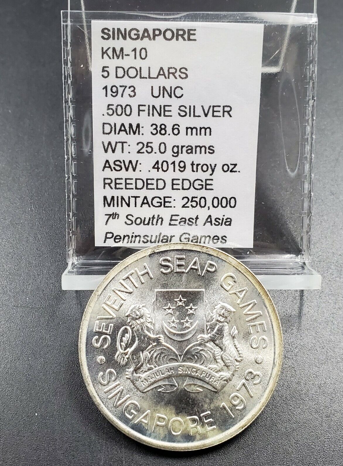1973 Singapore 7th SEAP Games 5 Dollars Silver coin GEM BU UNC