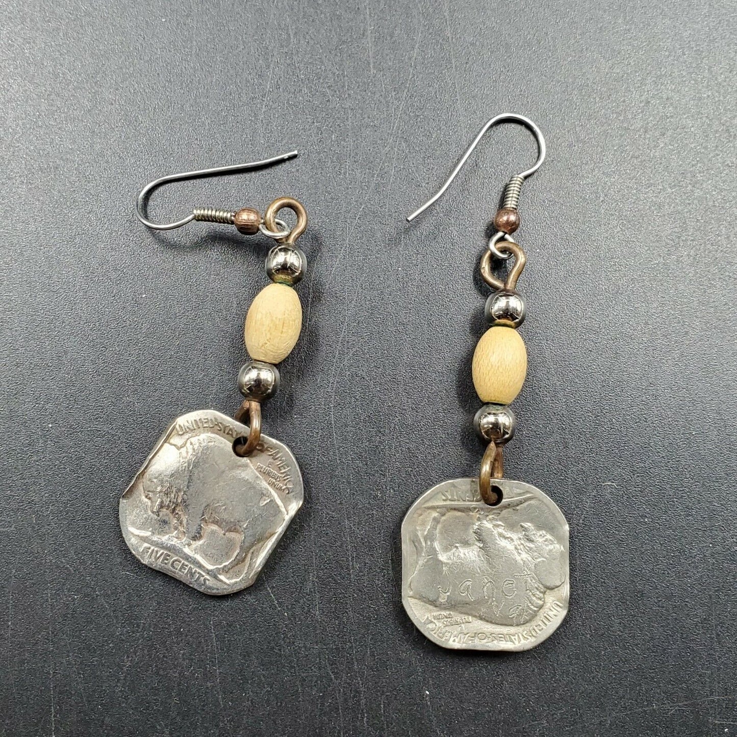 1 PAIR OF BUFFALO CLAD NICKEL EAR RING PENDANTS NATIVE STYLE