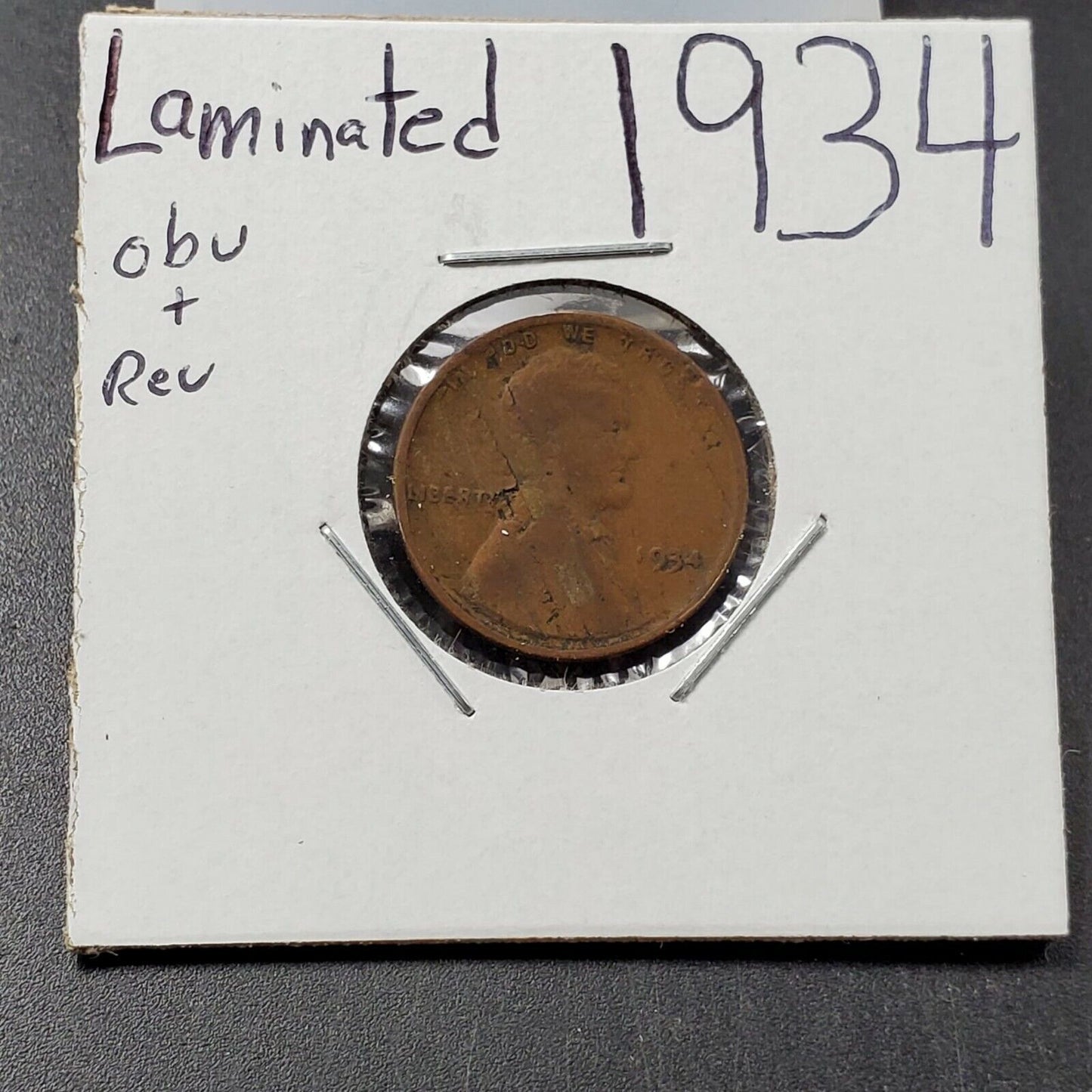 1934 P 1c Lincoln Wheat Cent Penny Coin Planchet Lamination Error